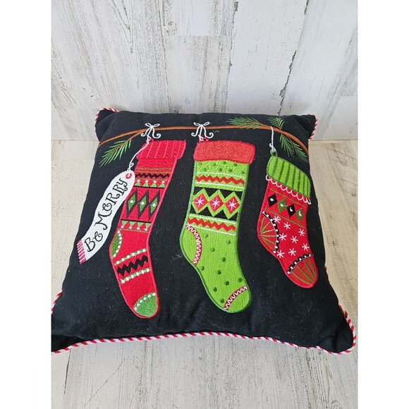 Stocking pillow Xmas 14x14 tree red green embroidered glitter - Picture 5 of 6